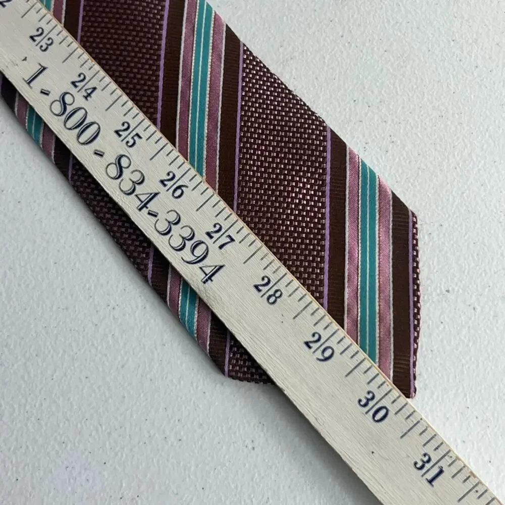 Ermenegildo Zegna Silk Neck Tie Geometric Striped Brown Pink Blue